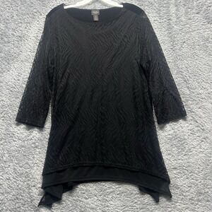 Chicos Travelers Top Womens 2 US Large Black Lace Overlay Sleeves Asymetrical